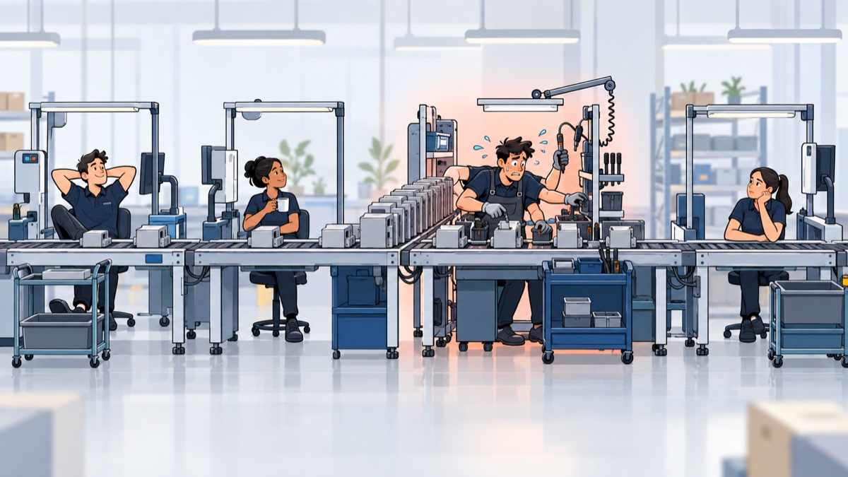 An uneven production line where lightly loaded operators wait while work accumulates at an overloaded workstation.